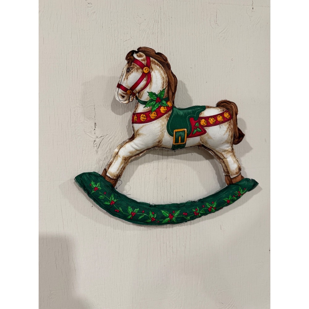 Vintage Christmas Rocking Horse Plush Wall Hanging Holiday Decor Holly Berries
